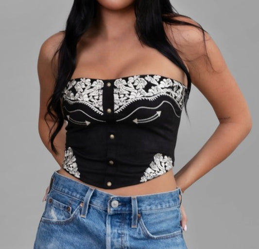 Embroidered Suede Bustier Top