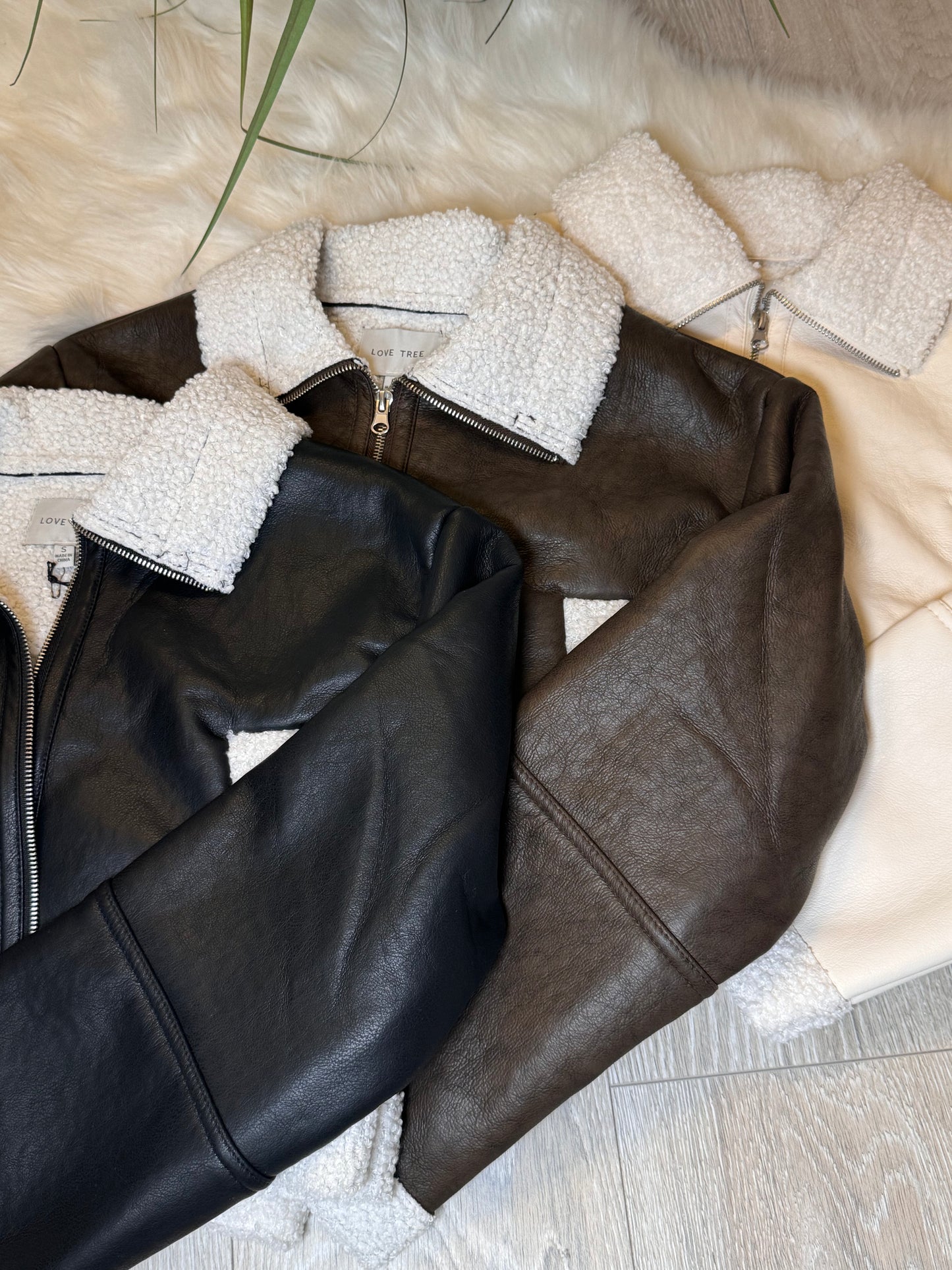 Cropped Faux Shearling Vegan Leather Jacket