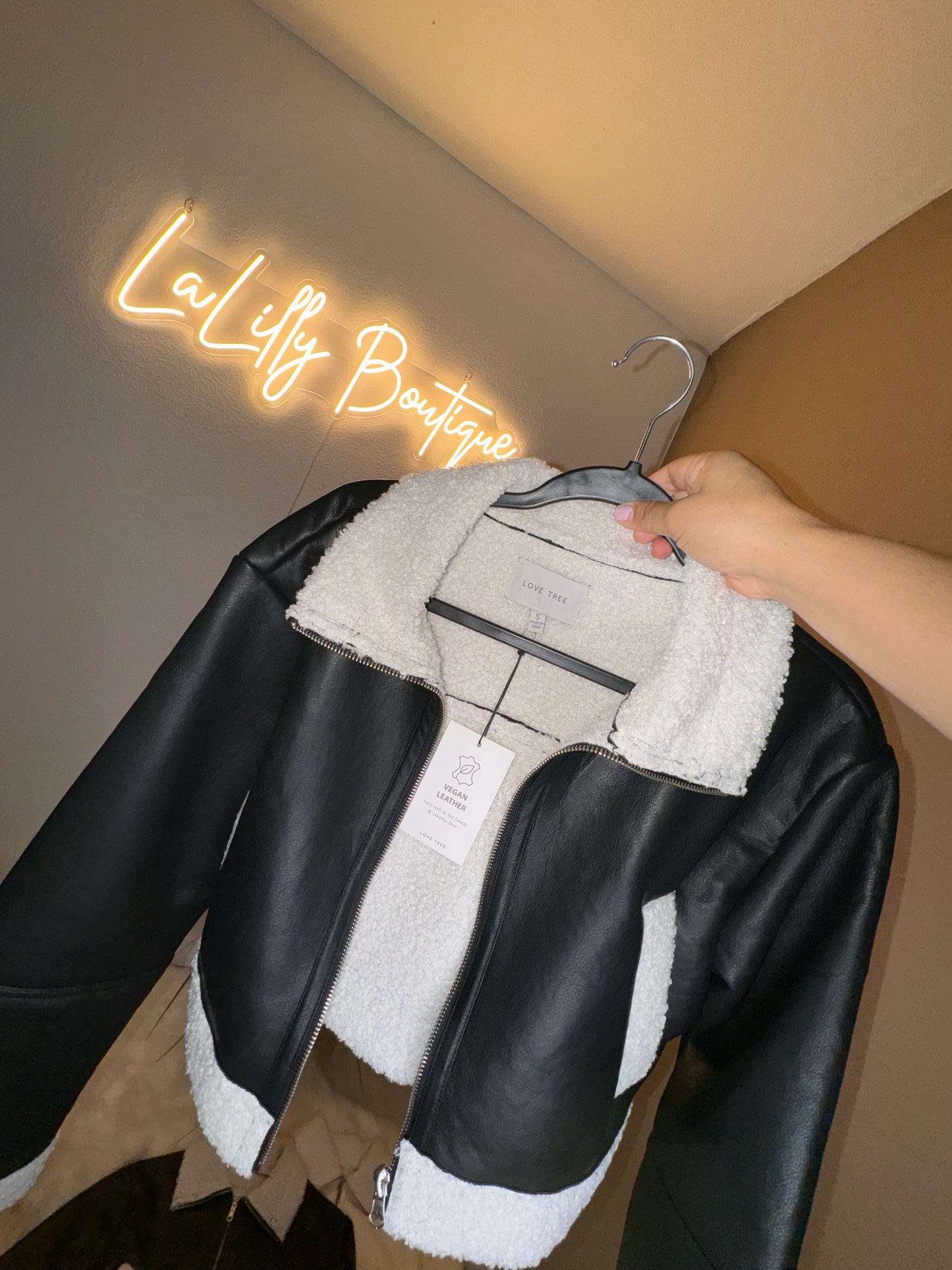 Cropped Faux Shearling Vegan Leather Jacket