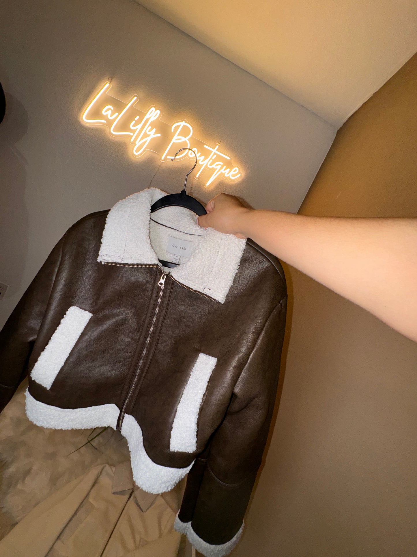 Cropped Faux Shearling Vegan Leather Jacket