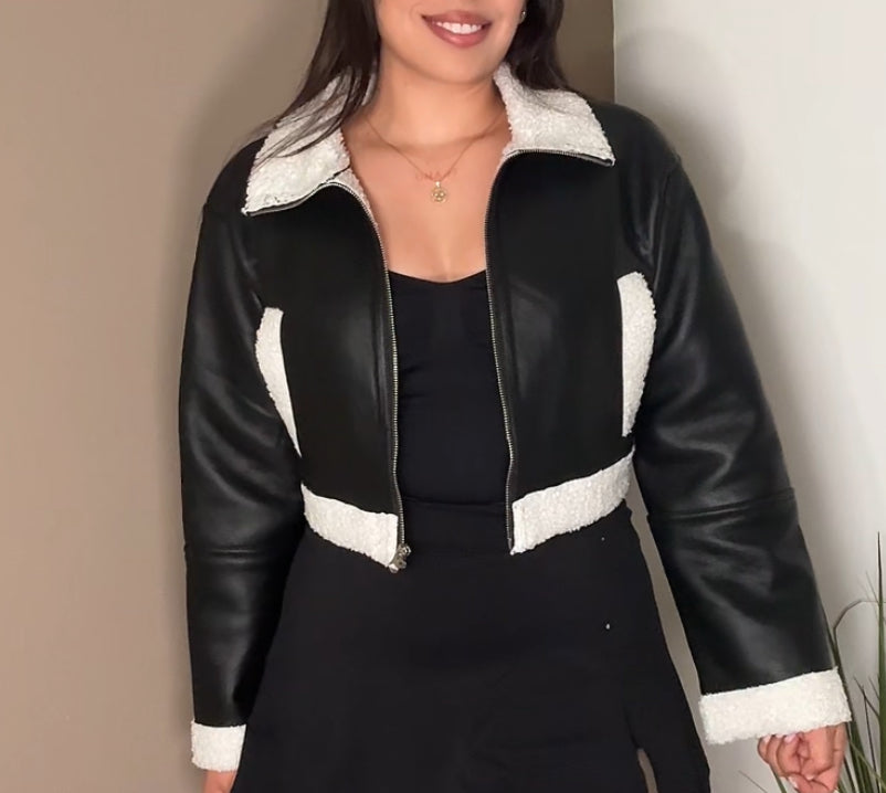 Cropped Faux Shearling Vegan Leather Jacket