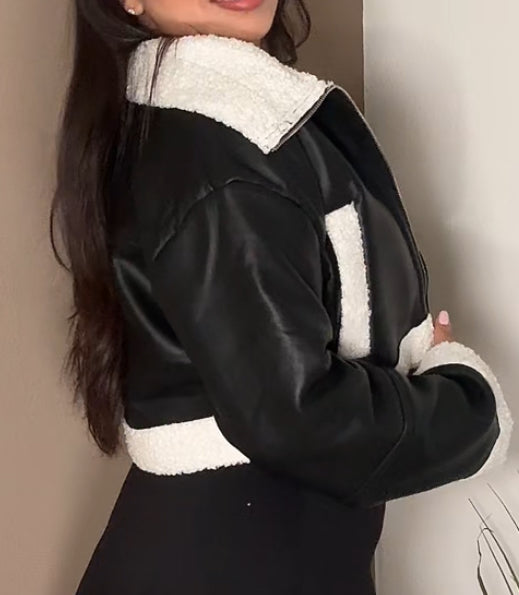 Cropped Faux Shearling Vegan Leather Jacket