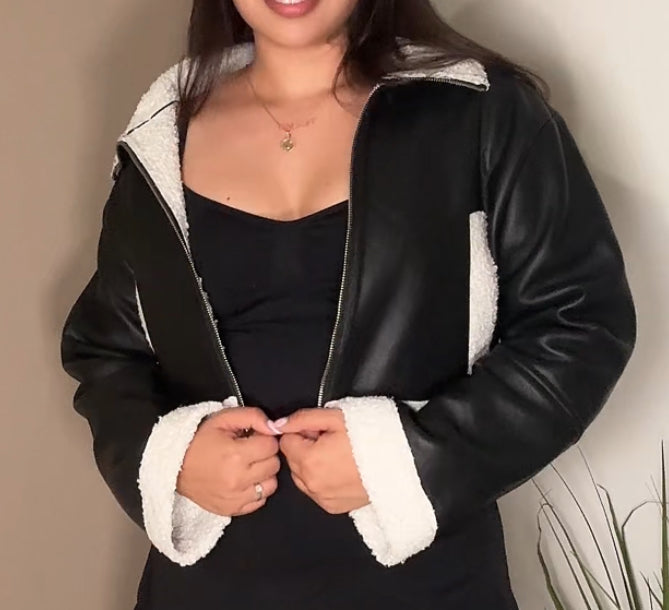 Cropped Faux Shearling Vegan Leather Jacket