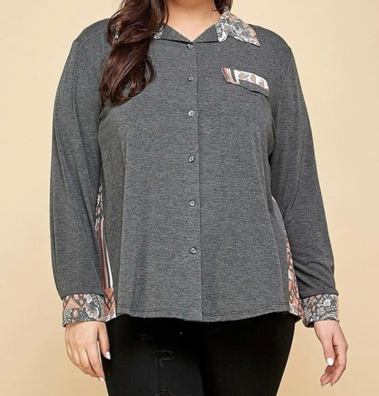 Plus Long Sleeve Button up Printed Top