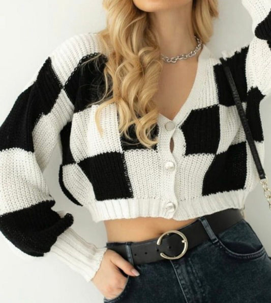 Chessboard Print Knitted Cropped Cardigan