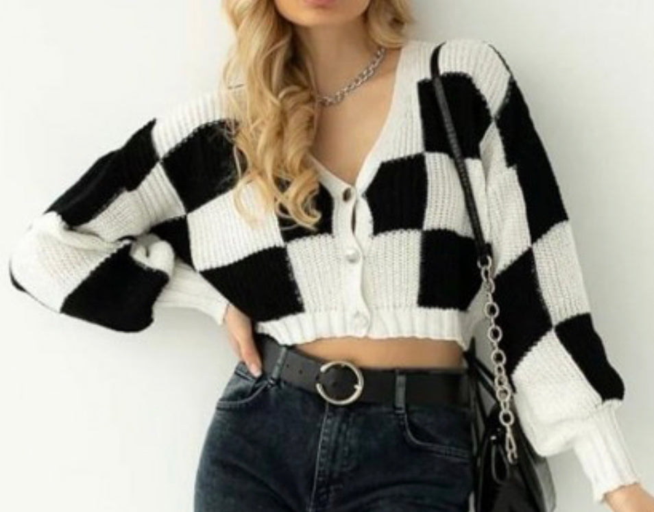 Chessboard Print Knitted Cropped Cardigan