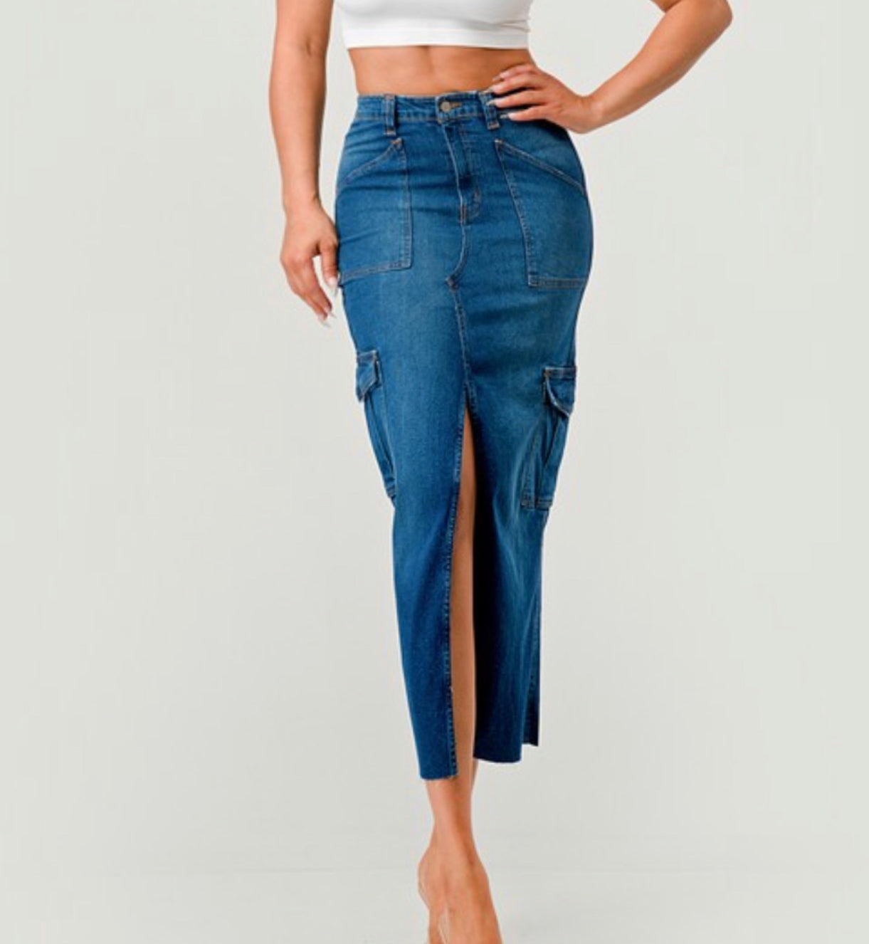 Long Cargo Denim Skirt