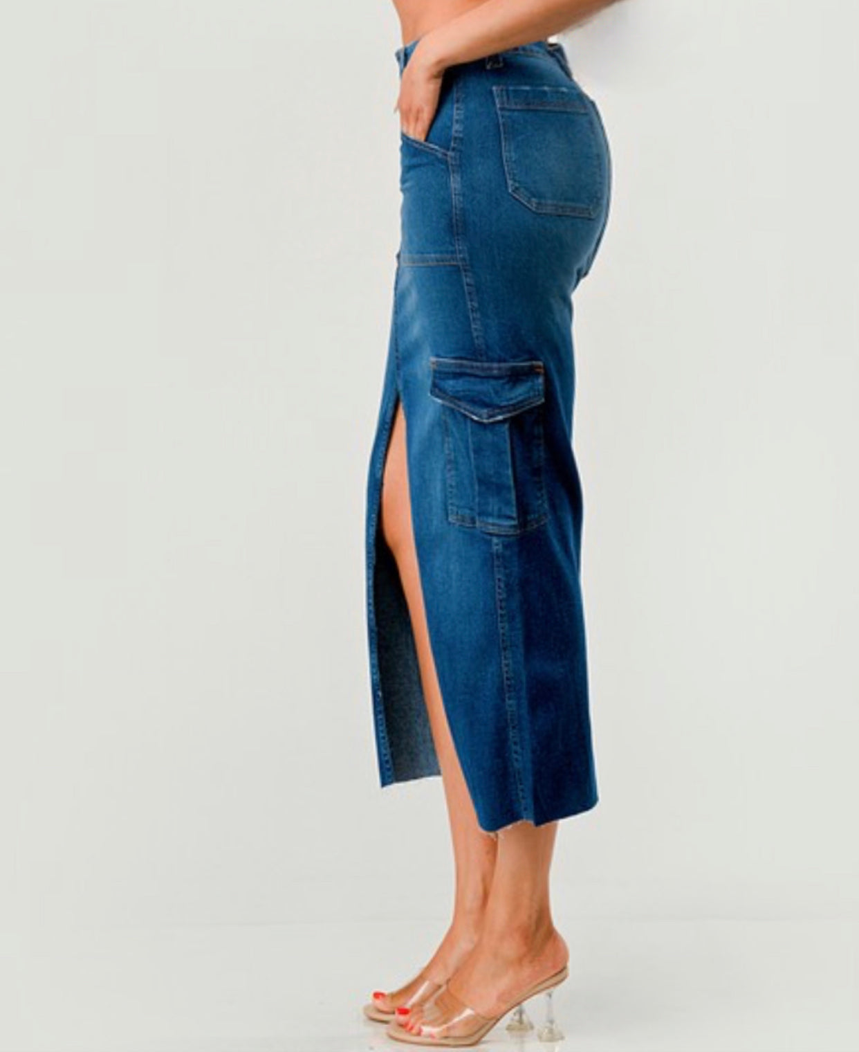 Long Cargo Denim Skirt